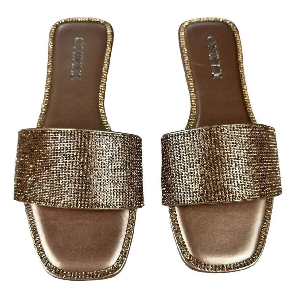 NIkki Women's Rhinestone Slide‎ Sandals Open Toe Flat Slip on Rose Gold Sz 6
